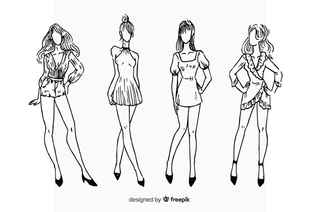 Colección de bosquejos de moda con modelos