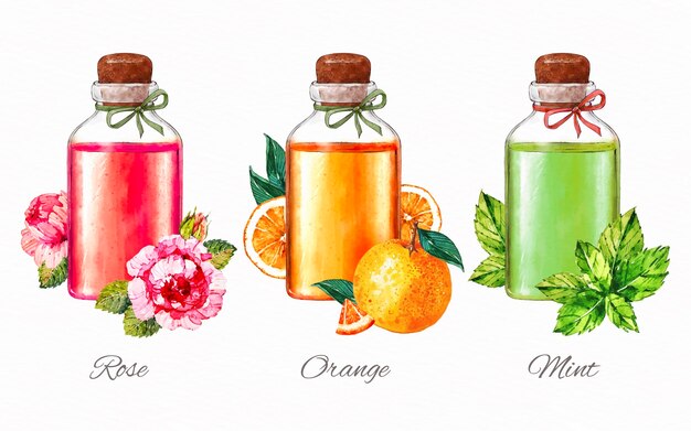 Colección de botellas de aceite esencial de acuarela