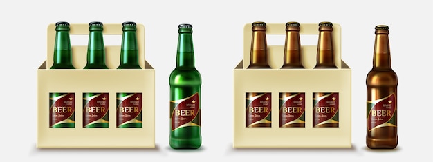 Colección de botellas de cerveza realistas con cajas.