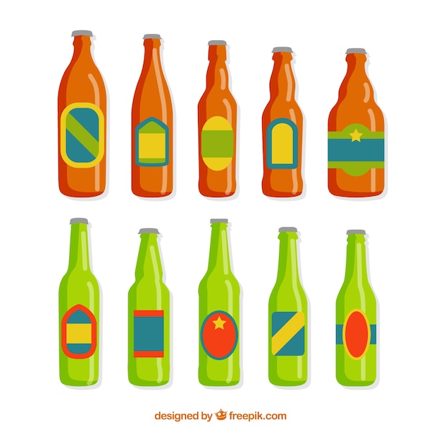 Colección de botellas planas de cerveza con etiqueta