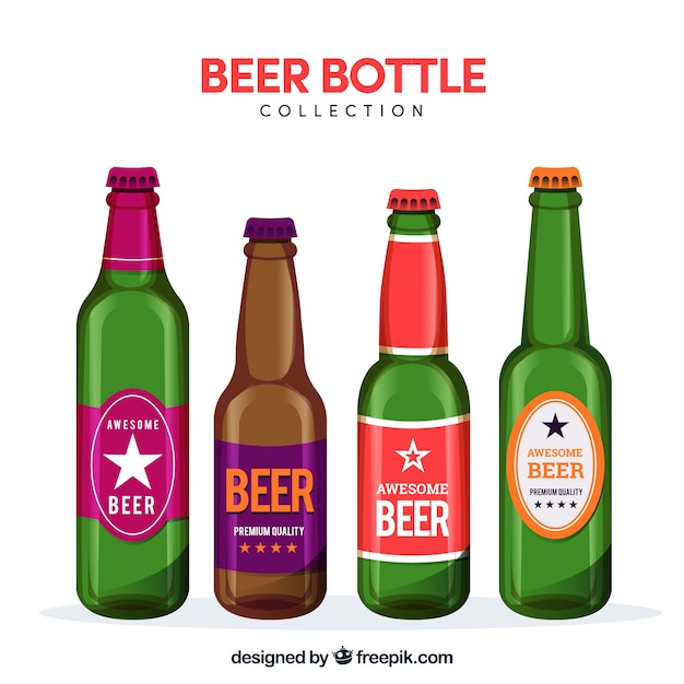Colección de botellas planas de cerveza con etiqueta