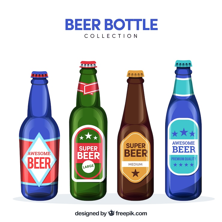 Vector gratuito colección de botellas planas de cerveza con etiqueta