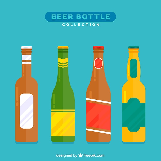 Colección de botellas planas de cerveza con etiqueta