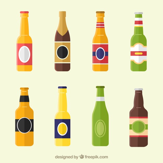 Colección de botellas planas de cerveza con etiqueta