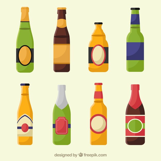 Colección de botellas planas de cerveza con etiqueta