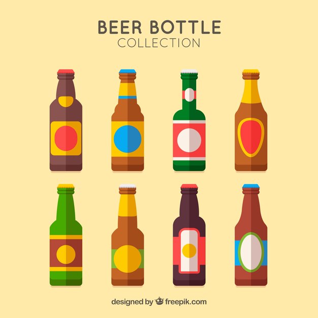 Colección de botellas planas de cerveza con etiqueta
