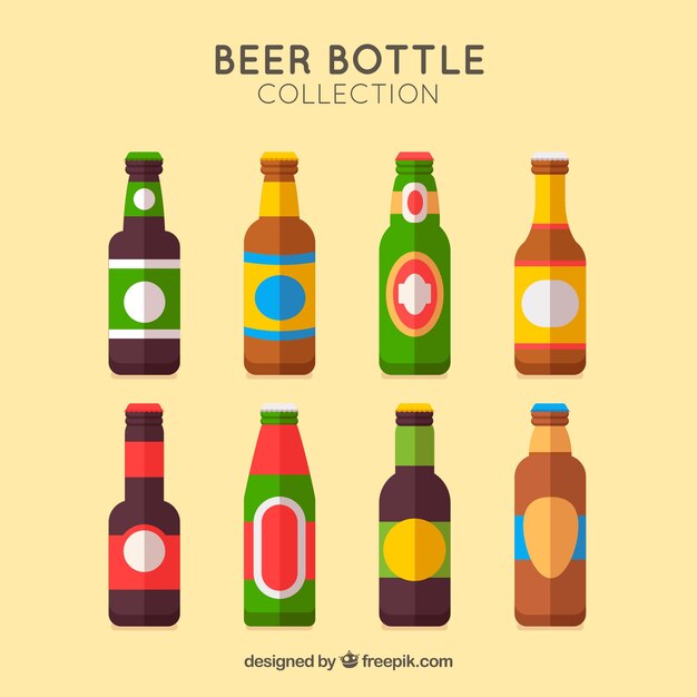 Colección de botellas planas de cerveza con etiqueta