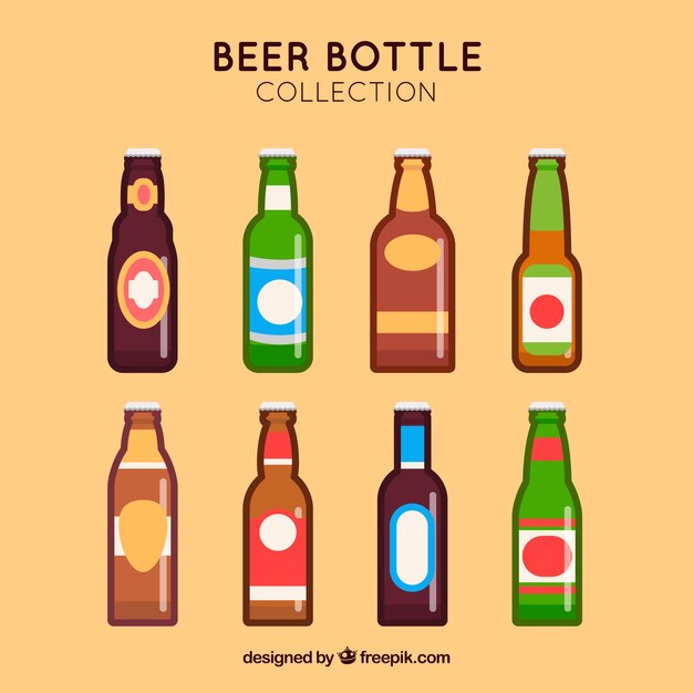 Colección de botellas planas de cerveza con etiqueta