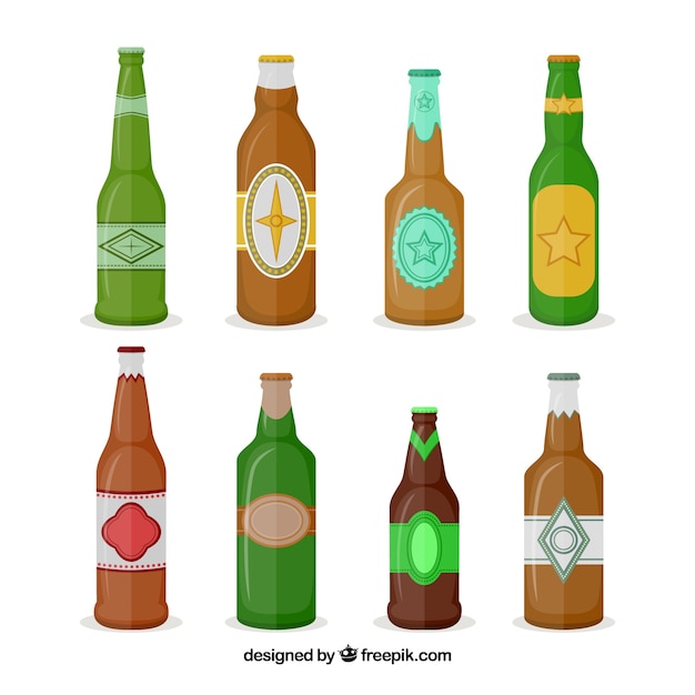 Colección de botellas planas de cerveza con etiqueta