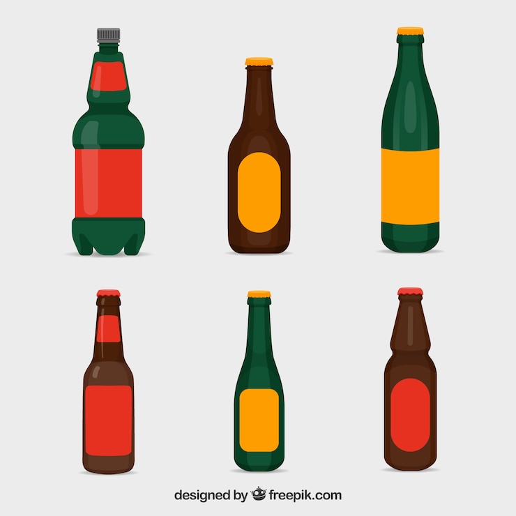 Vector gratuito colección de botellas planas de cerveza con etiqueta