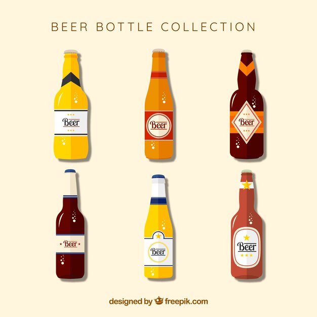 Colección de botellas planas de cerveza con etiqueta