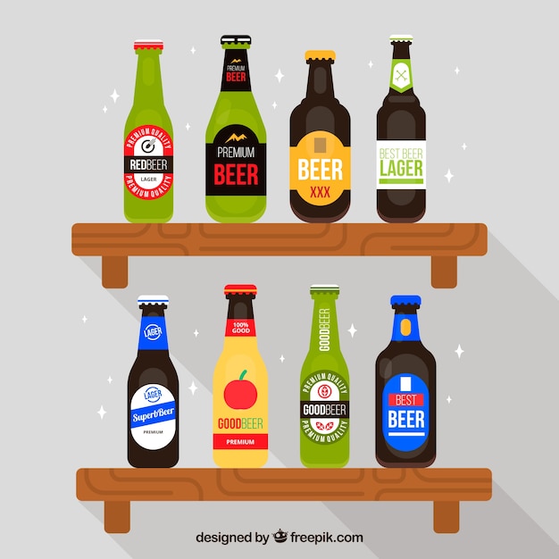 Vector gratuito colección de botellas planas de cerveza con etiqueta