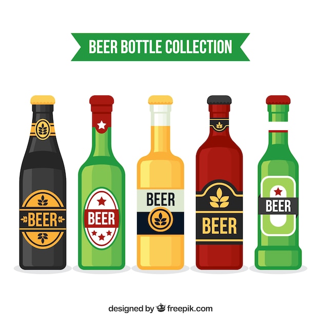 Colección de botellas planas de cerveza con etiqueta