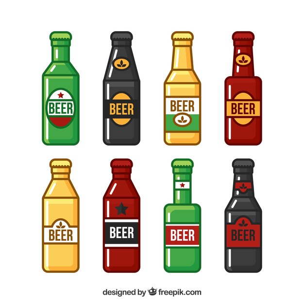 Colección de botellas planas de cerveza con etiqueta