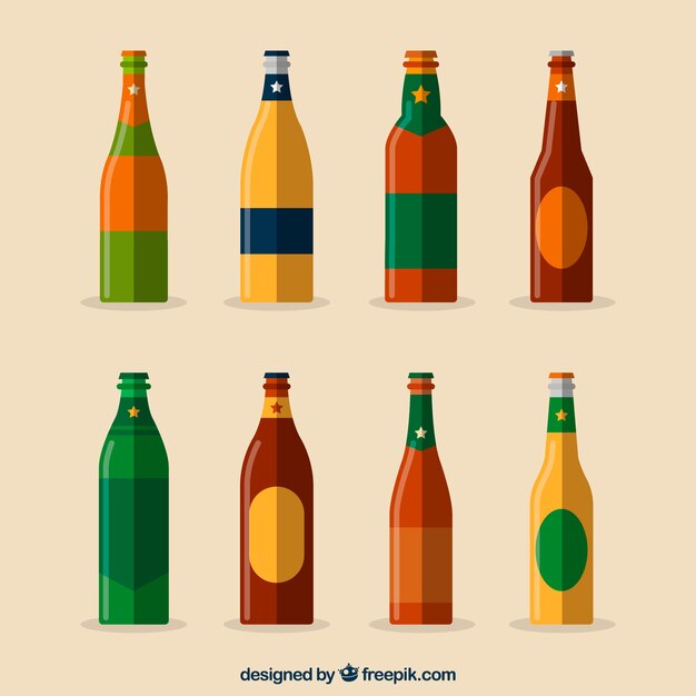 Colección de botellas planas de cerveza con etiqueta