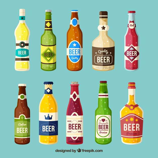 Colección de botellas planas de cerveza con etiqueta