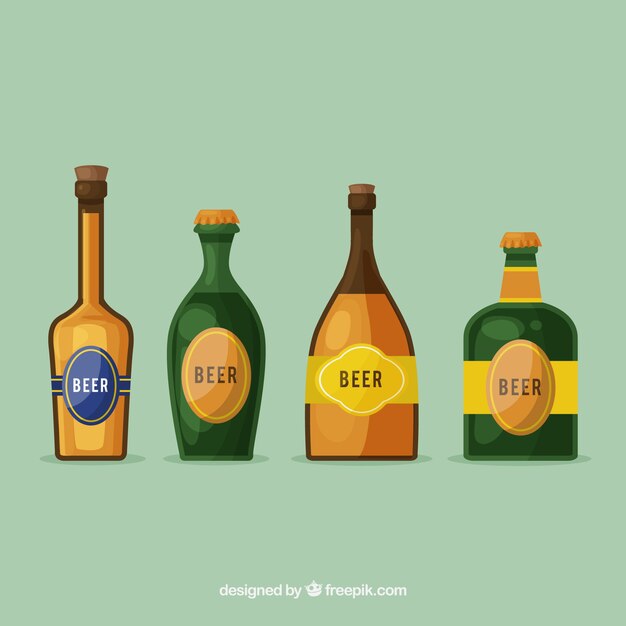 Colección de botellas planas de cerveza con etiqueta