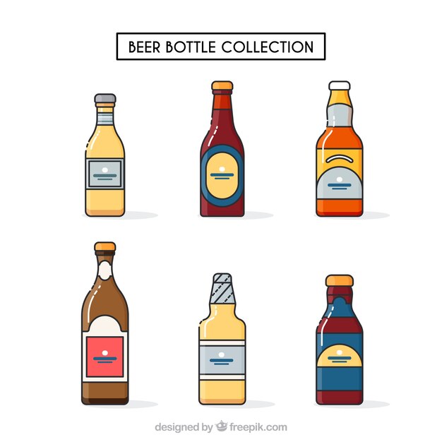 Colección de botellas planas de cerveza con etiqueta