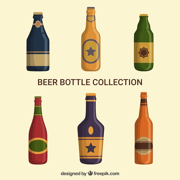 Vector gratuito colección de botellas planas de cerveza con etiqueta