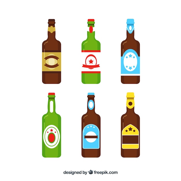 Colección de botellas planas de cerveza con etiqueta
