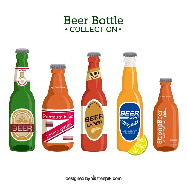 Colección de botellas planas de cerveza con etiqueta