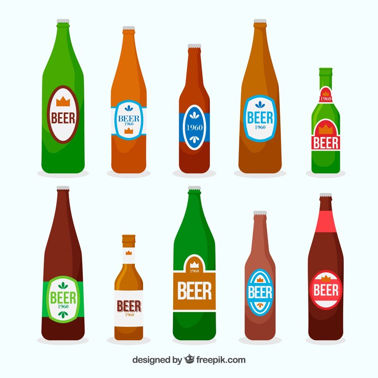 Vector gratuito colección de botellas planas de cerveza con etiqueta