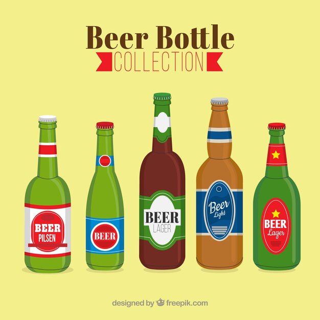 Colección de botellas planas de cerveza con etiqueta