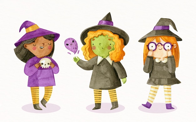 Colección de brujas de halloween en acuarela