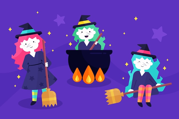 Colección de brujas de halloween en diseño plano