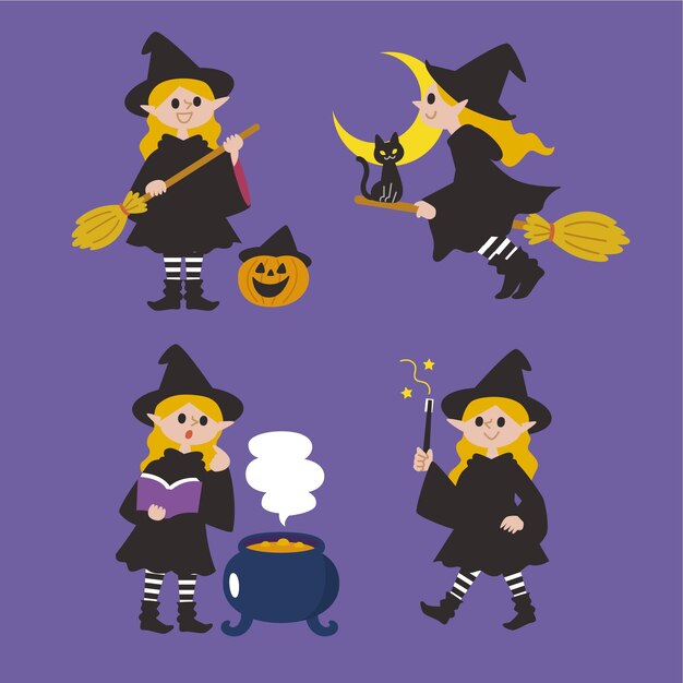 Colección de brujas de halloween en diseño plano