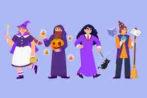 Vector gratuito colección de brujas de halloween en diseño plano