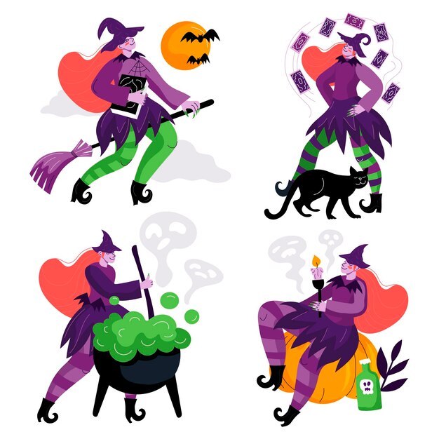 Colección brujas de halloween planas dibujadas a mano