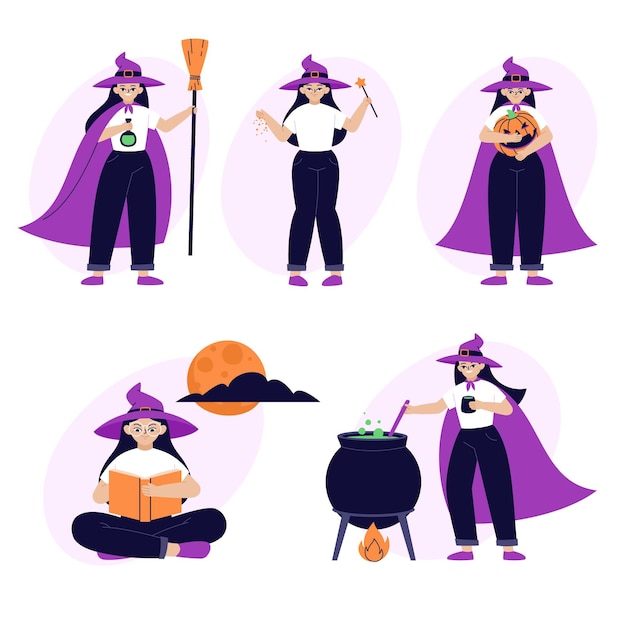 Colección brujas de halloween planas dibujadas a mano