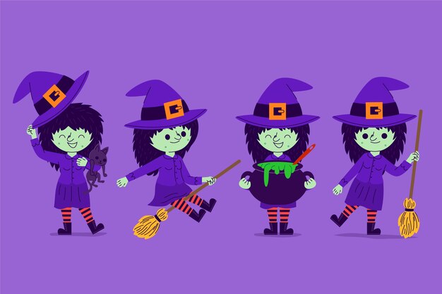 Colección brujas de halloween planas dibujadas a mano