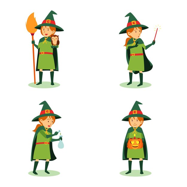 Colección brujas de halloween planas dibujadas a mano