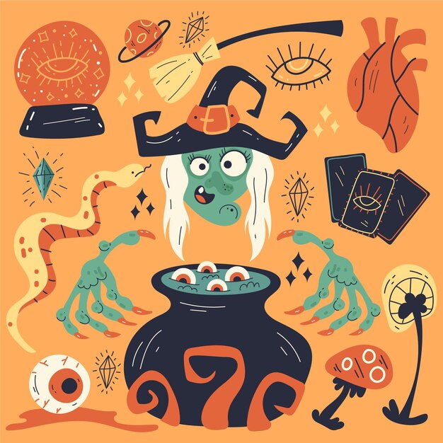 Colección brujas de halloween planas dibujadas a mano