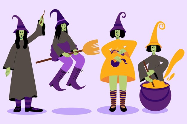 Colección brujas de halloween planas dibujadas a mano