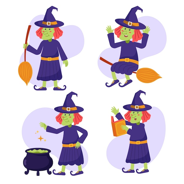 Colección brujas planas dibujadas a mano