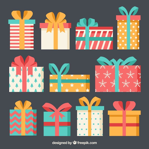 Colección de cajas de regalo en diseño plano.