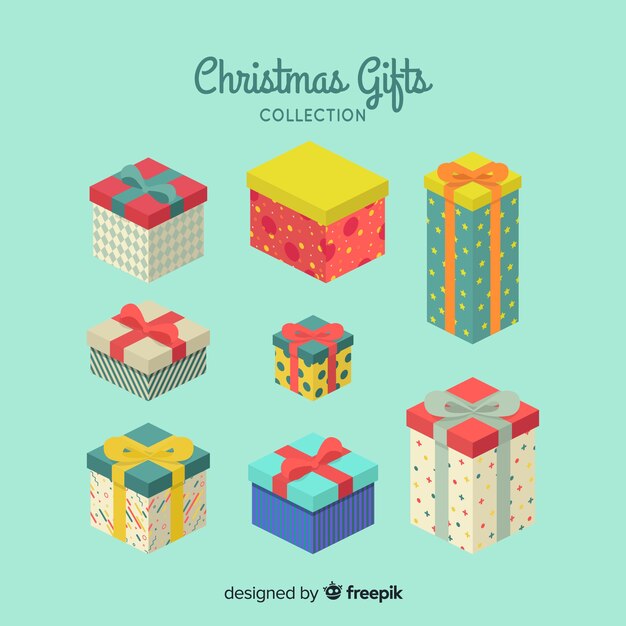 Colección de cajas de regalos de navidad en diseño plano