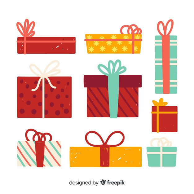 Colección de cajas de regalos de navidad en diseño plano