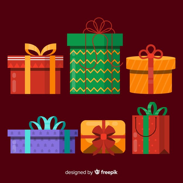 Colección de cajas de regalos de navidad en diseño plano