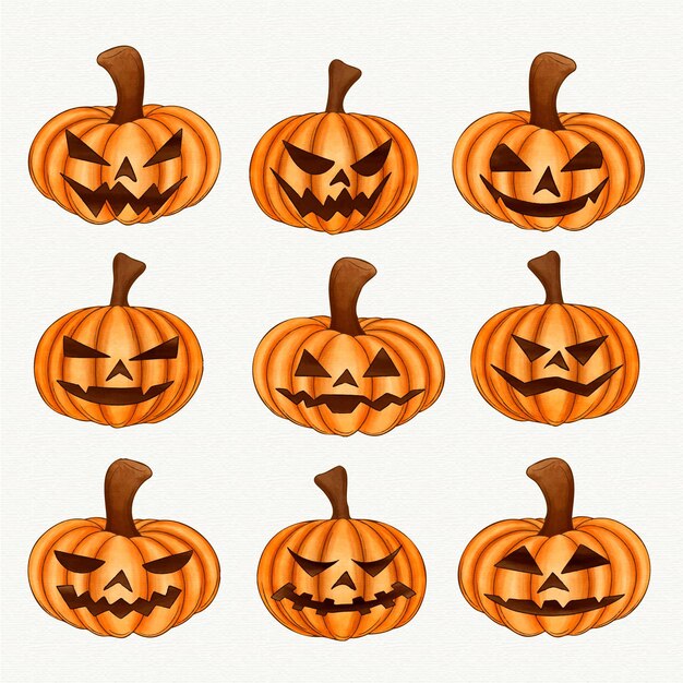 Colección de calabazas de halloween en acuarela