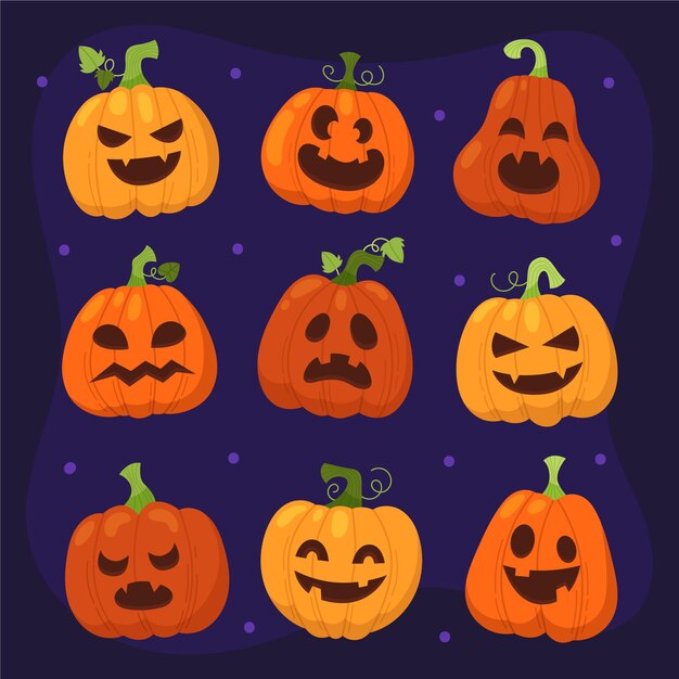 Colección de calabazas de halloween planas dibujadas a mano