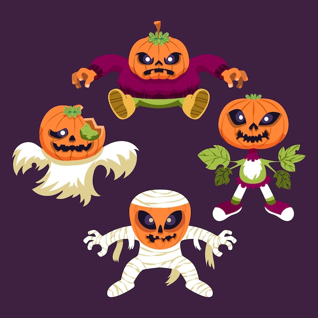 Colección de calabazas de halloween planas dibujadas a mano