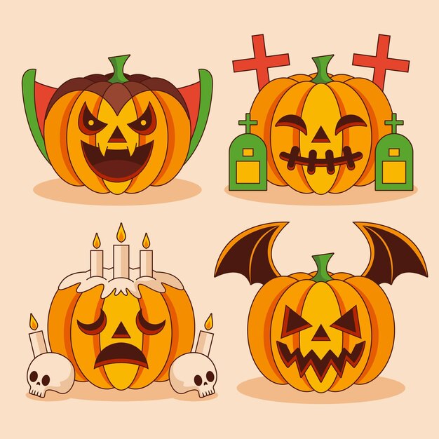 Colección de calabazas de halloween planas dibujadas a mano