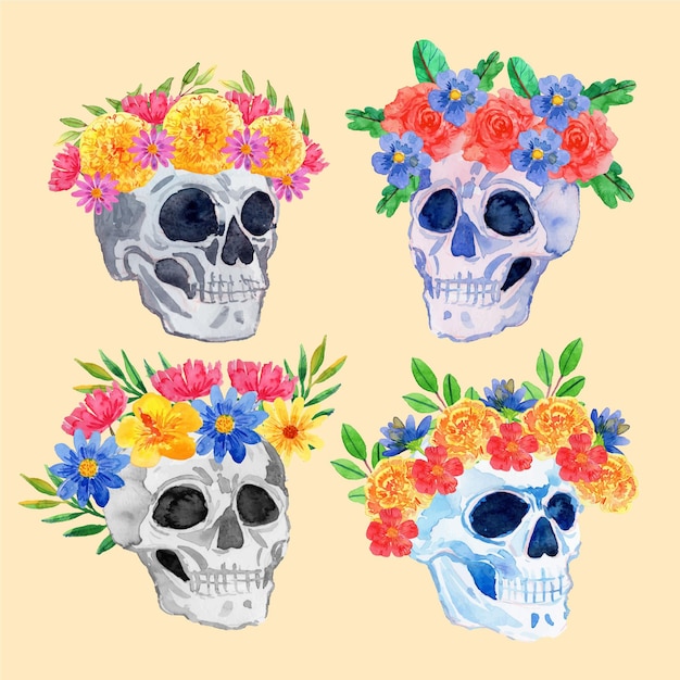 Vector gratuito colección de calaveras de dia de muertos en acuarela