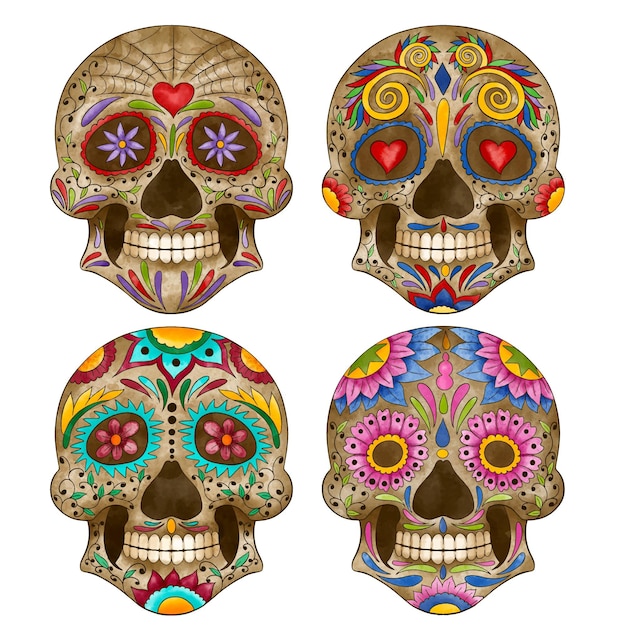 Vector gratuito colección de calaveras de dia de muertos en acuarela