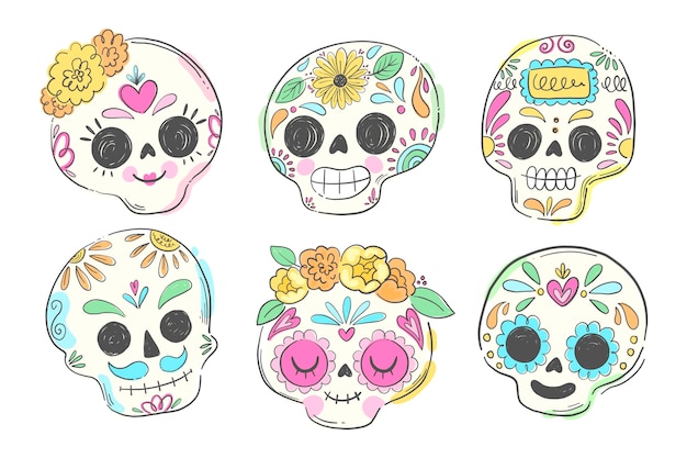 Vector gratuito colección calaveras dia de muertos dibujadas a mano