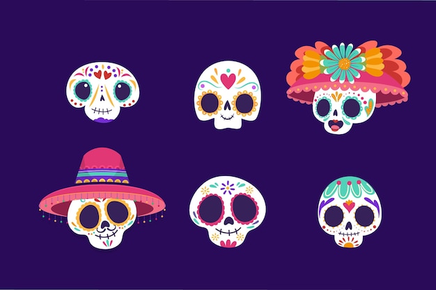 Vector gratuito colección calaveras dia de muertos planos dibujados a mano